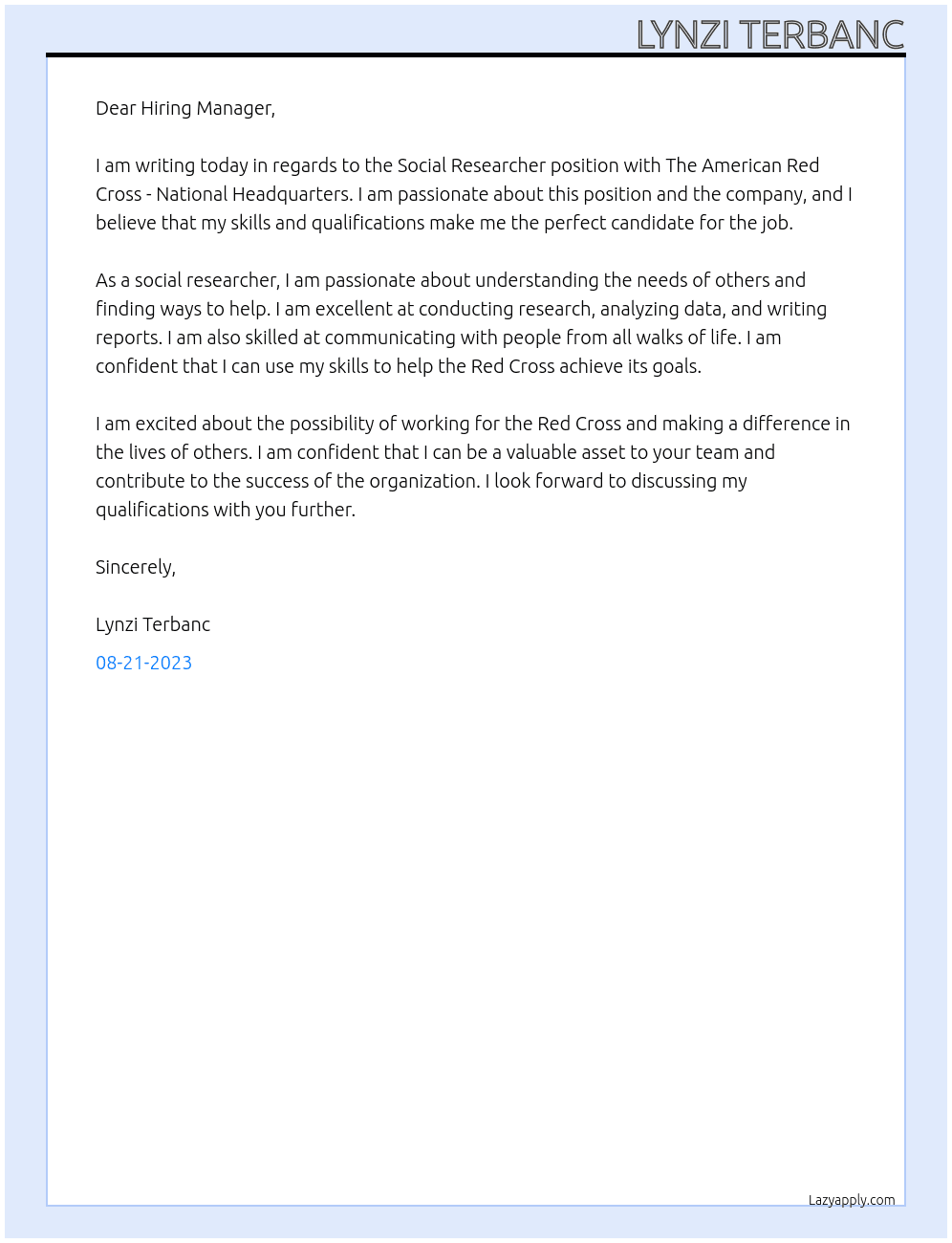 Social Researcher At The American Red Cross - National Headquarters Cover Letter