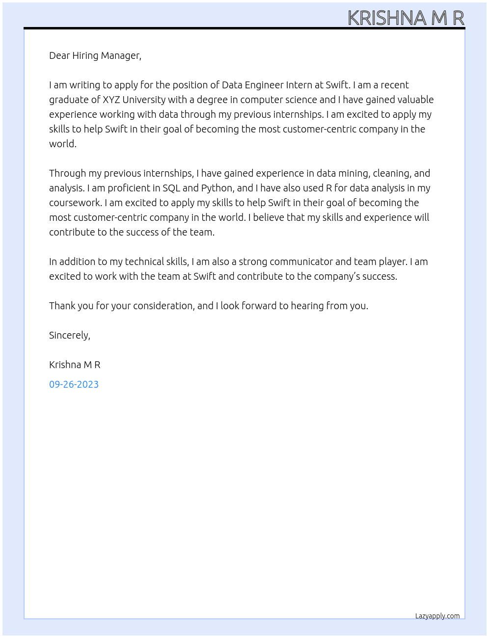Data Engineer Intern At Swift Cover Letter