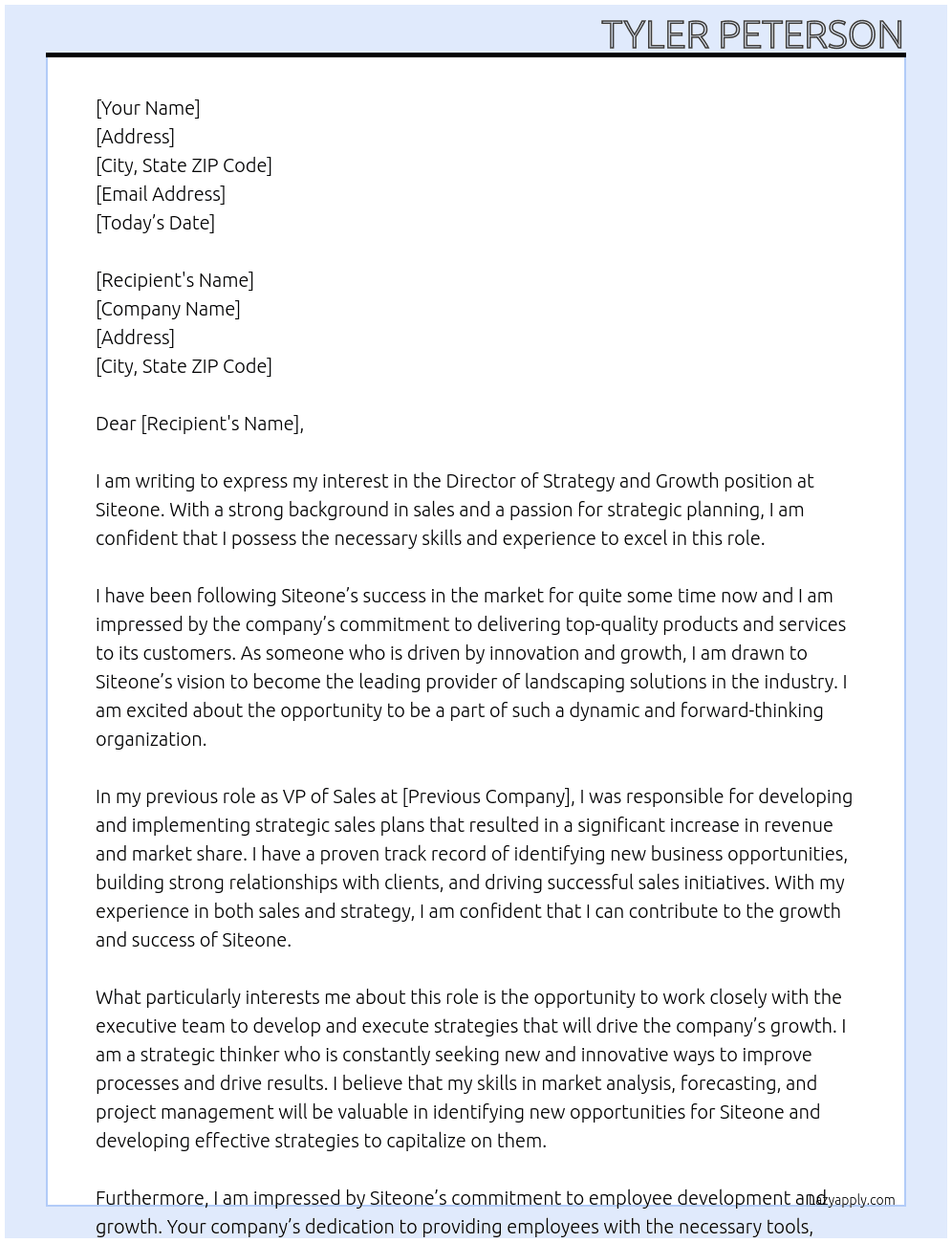 Director of strategy and growth At Siteone Cover Letter