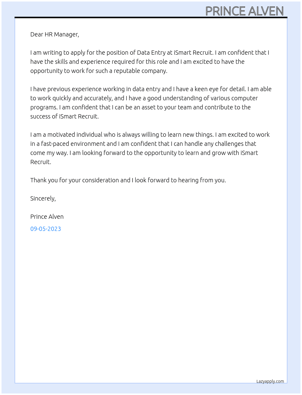Data Entry  At iSmart Recruit Cover Letter