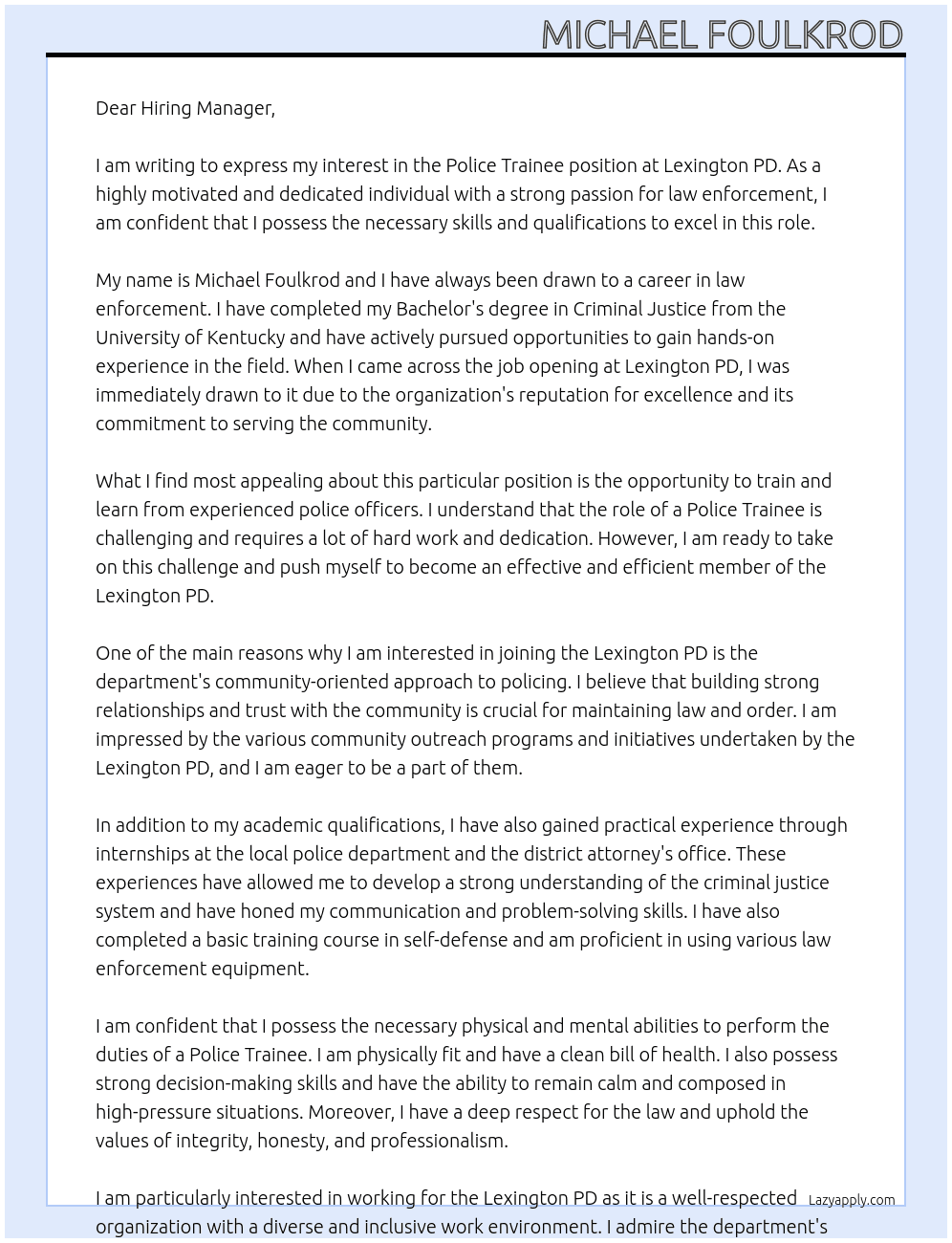 Police trainee At Lexington PD Cover Letter