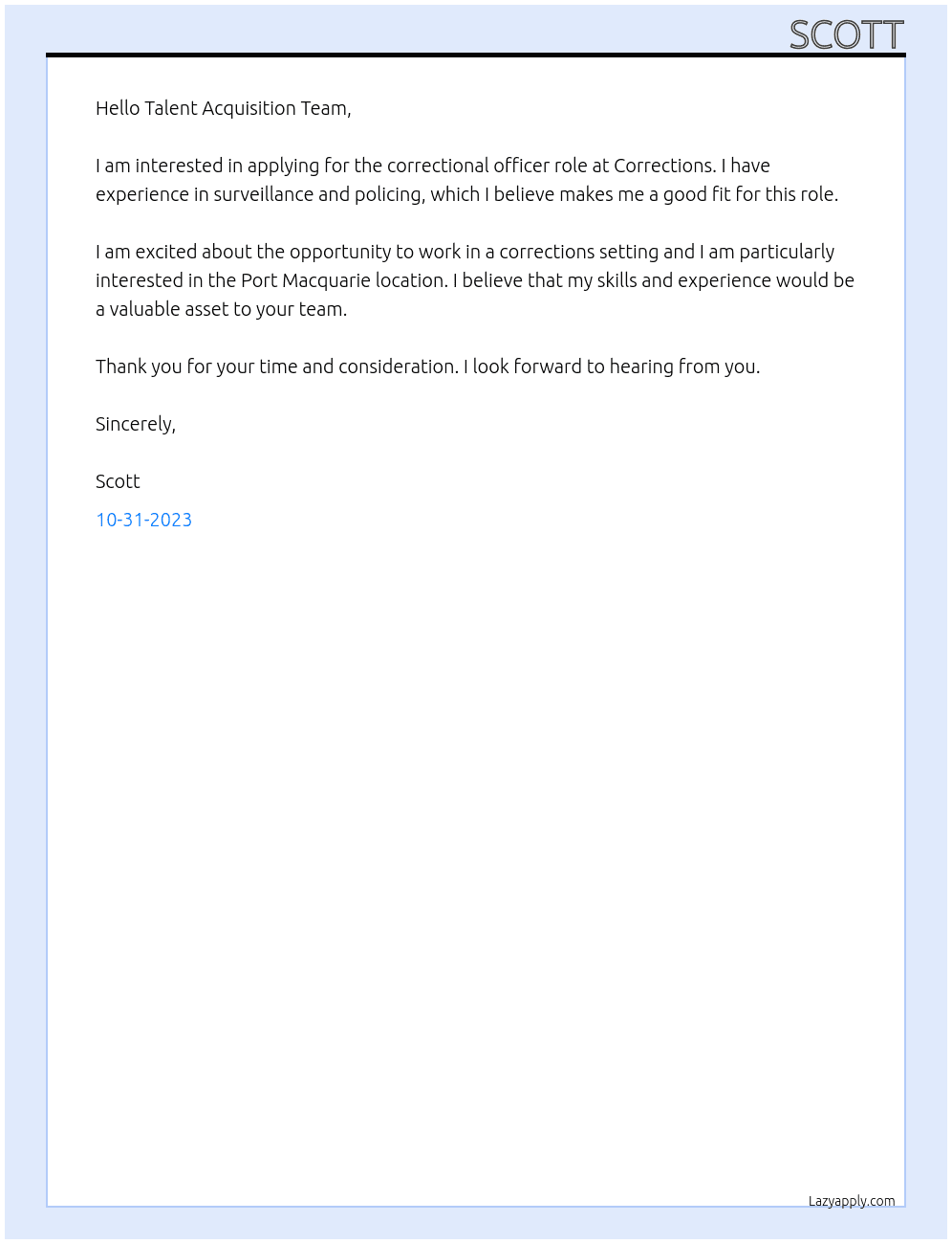 Correctional officer At Corrections Cover Letter