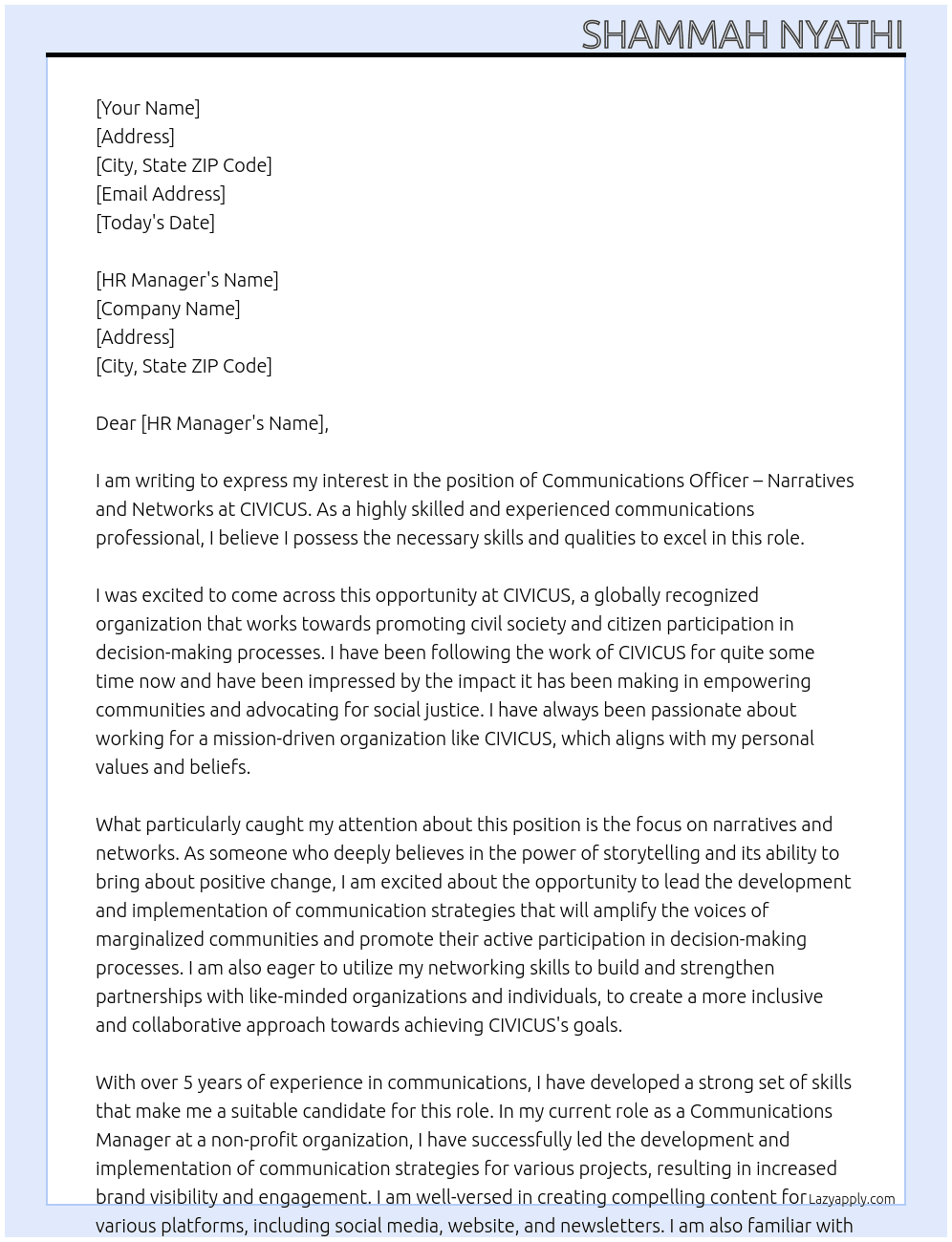 Communications Officer – Narratives and Networks At civicus Cover Letter