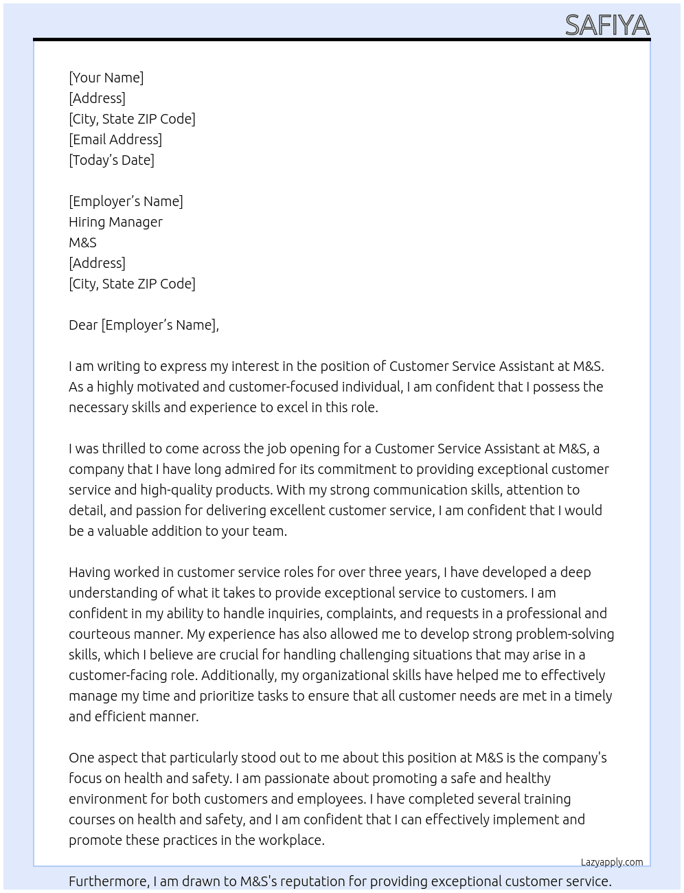 customer service assistant At M&S Cover Letter