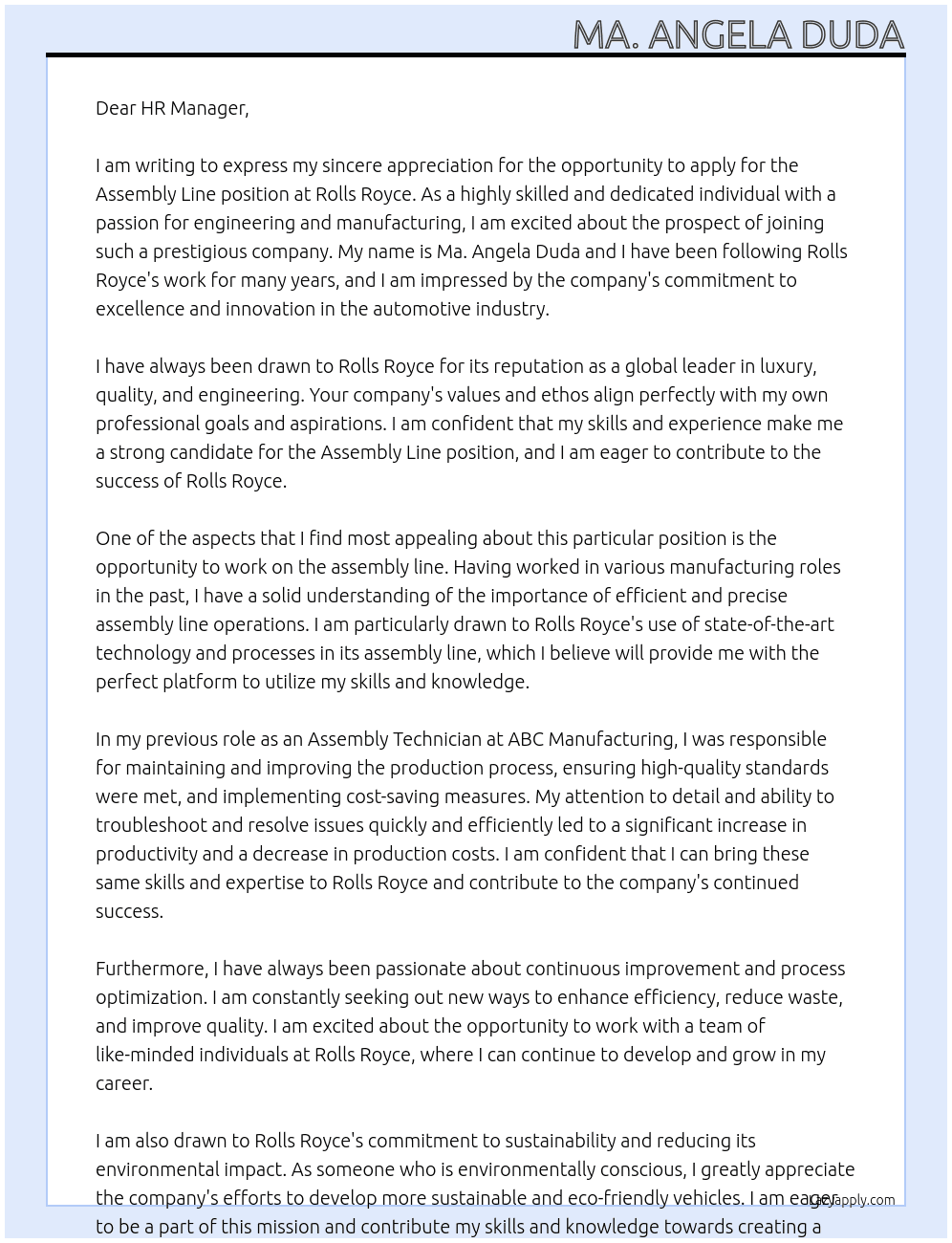 Assembly Line At Rolls Royce Cover Letter