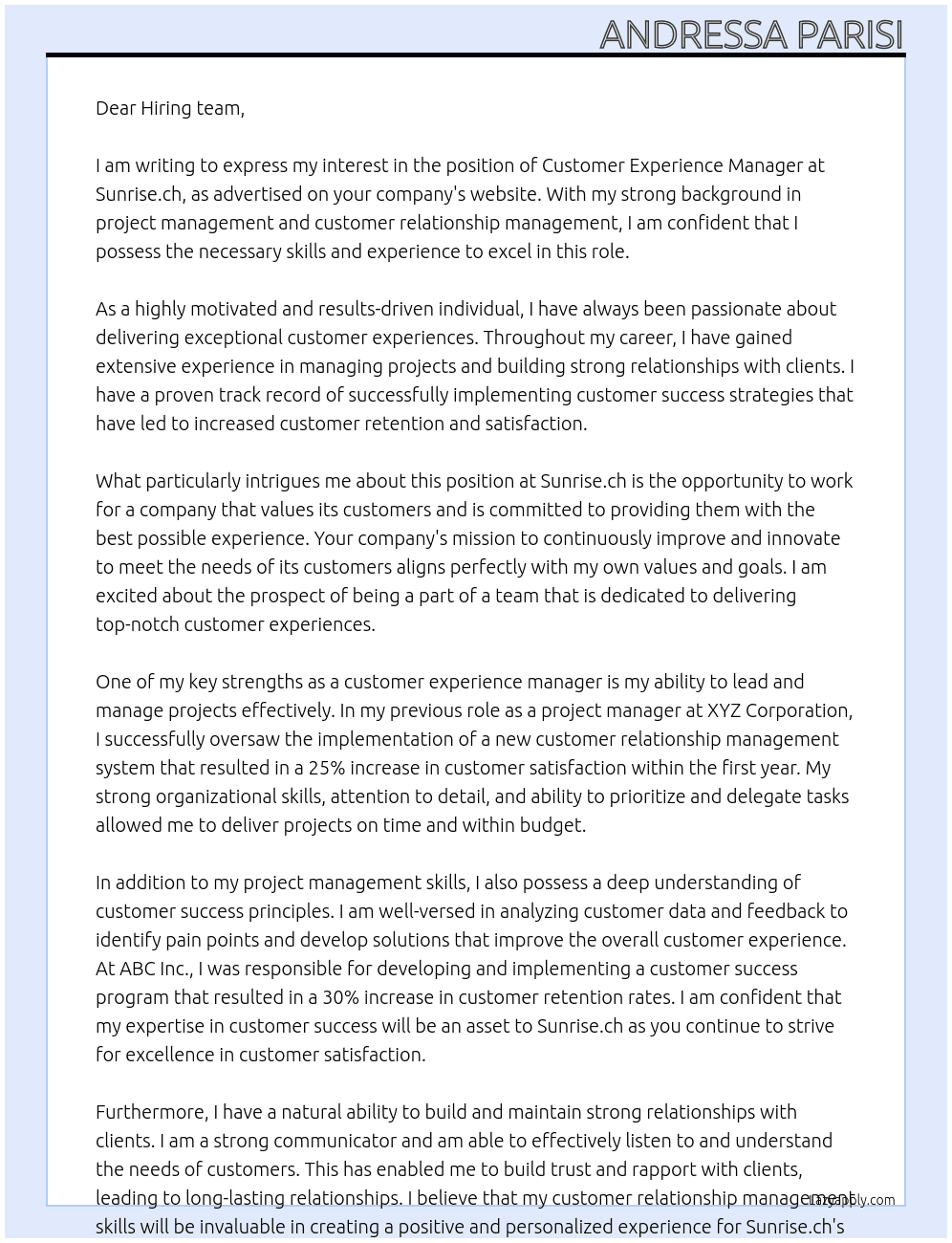 Customer Experience Manager At Sunrise.ch Cover Letter