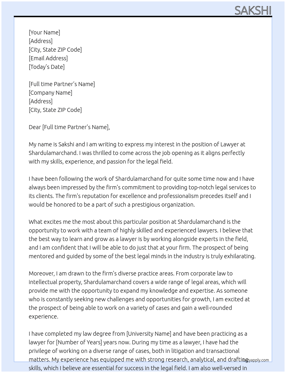 Lawyer At Shardulamarchand  Cover Letter