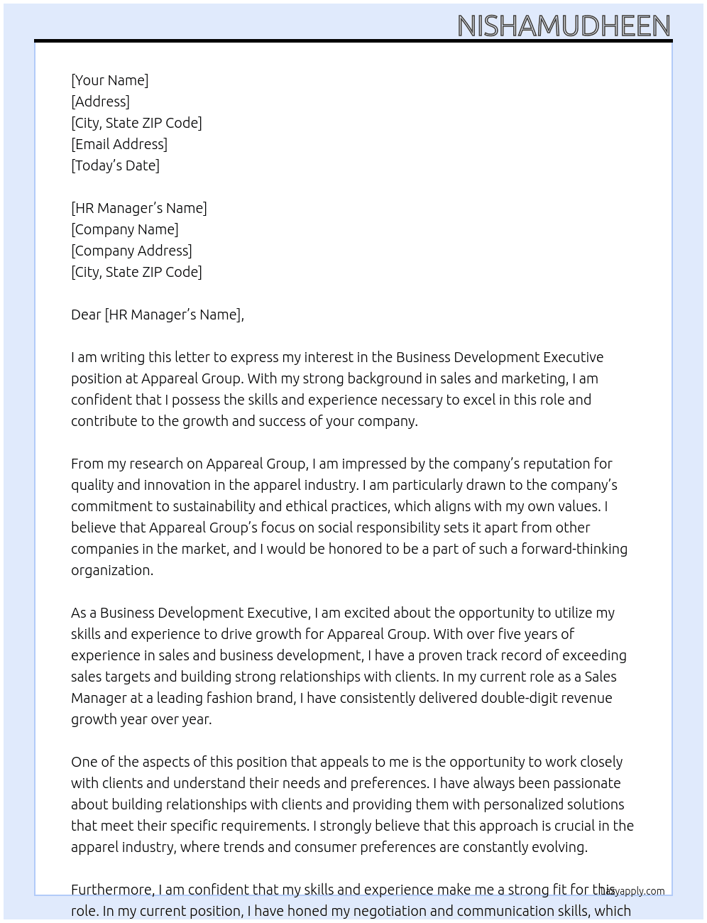 Business devolepment executive At Appareal group Cover Letter