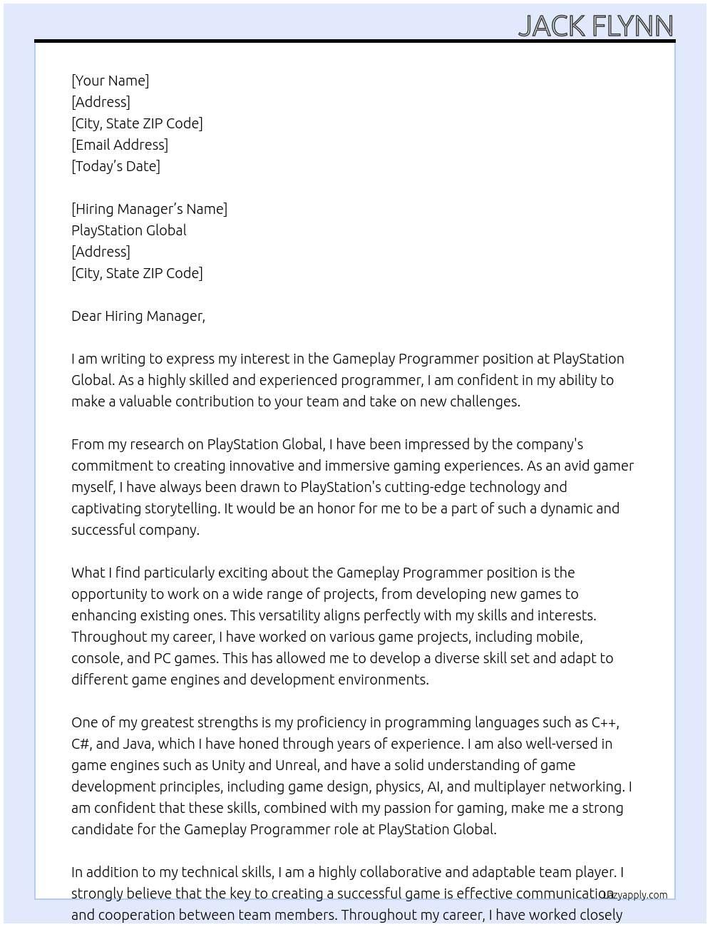 Gameplay Programmer At  PlayStation Global Cover Letter
