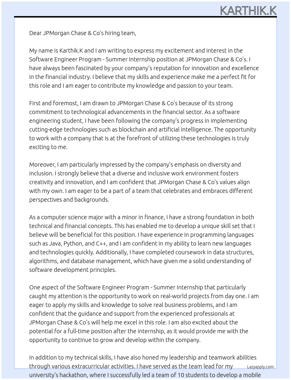 Software Engineer Program - Summer Internship  At JPMorgan Chase & Co’s  Cover Letter