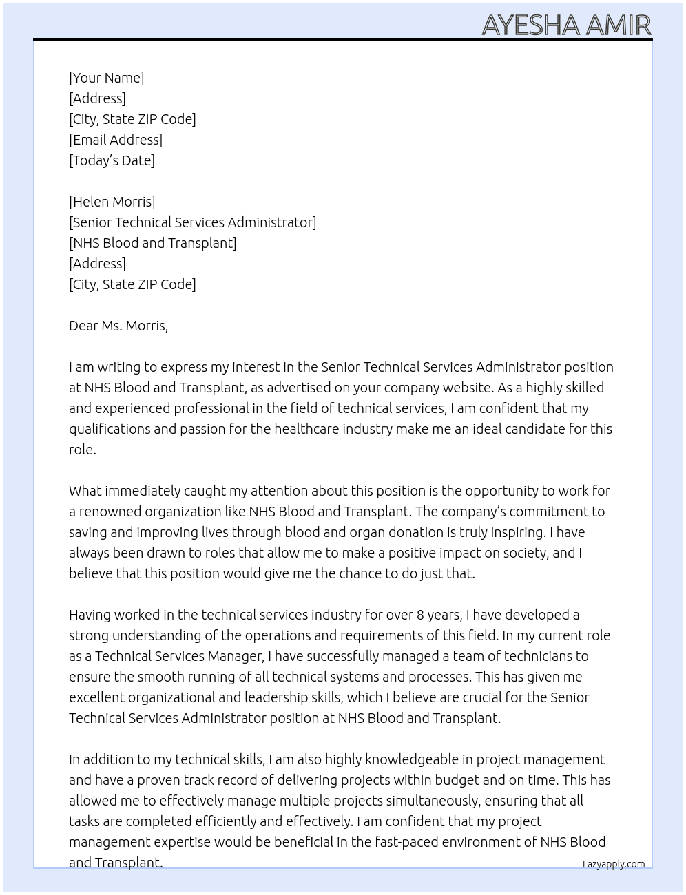  Senior Technical Services Administrator At NHS Blood and Transplant Cover Letter