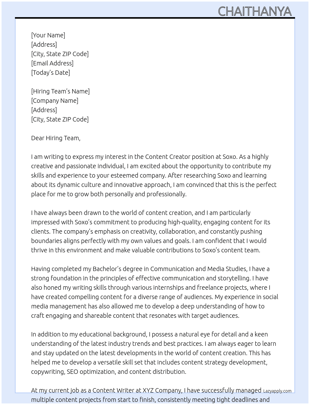 Content Creator  At Soxo Cover Letter