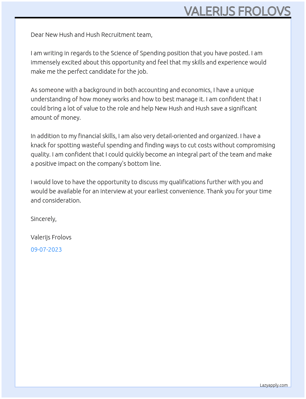Science of Spending At New Hush and Hush Cover Letter