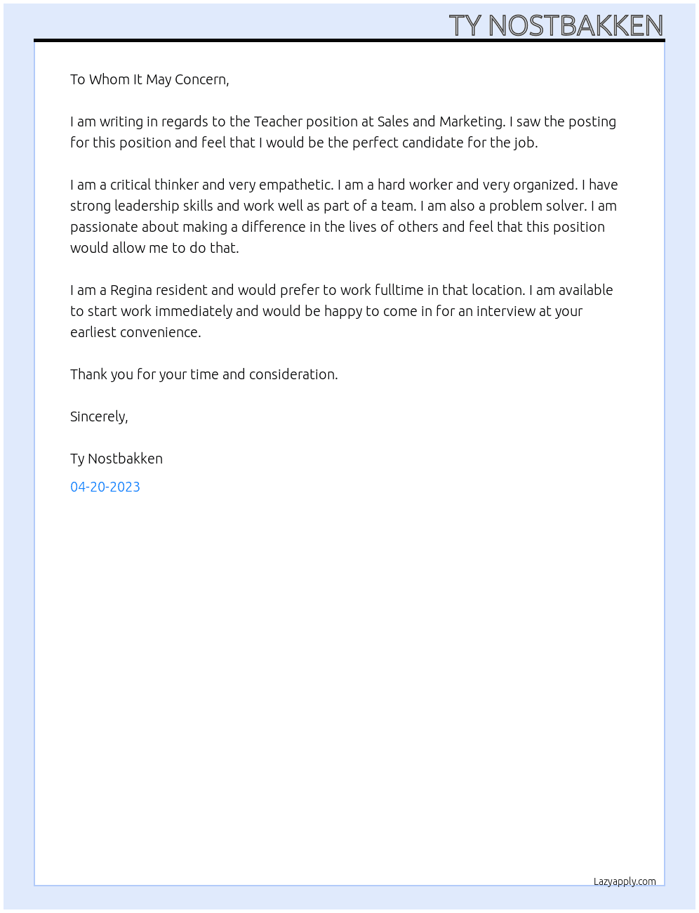 Teacher At Sales and Marketing Cover Letter
