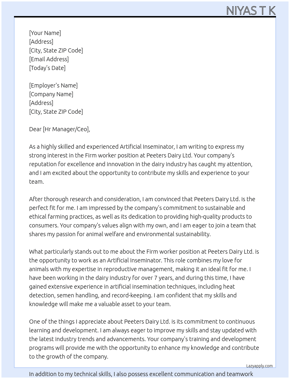 Cover letter for firm worker,artificial inseminator - LazyApply