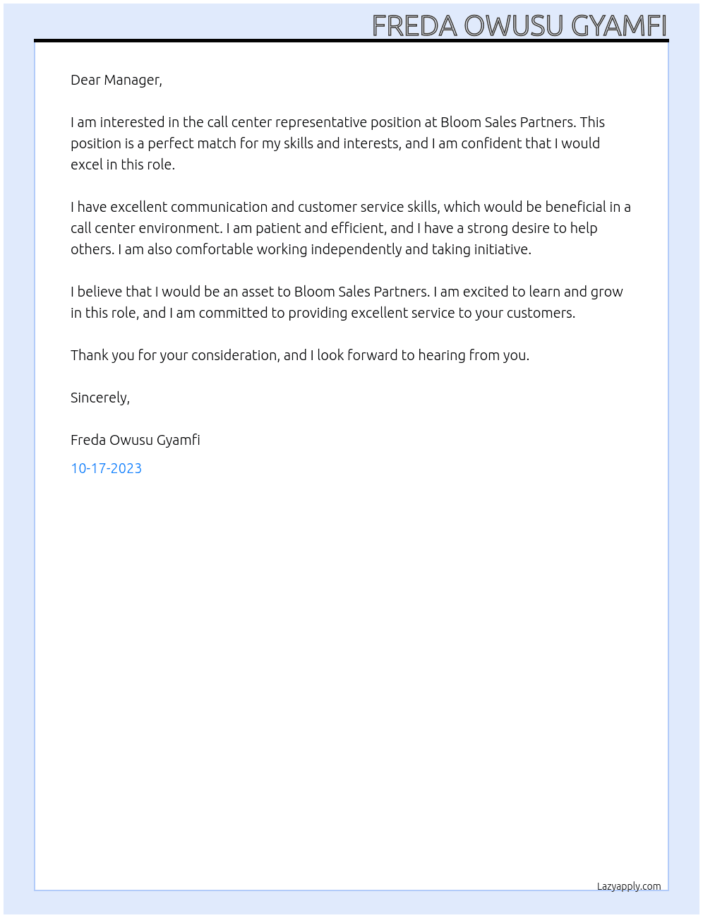 Call center representative At Bloom Sales Partners Cover Letter