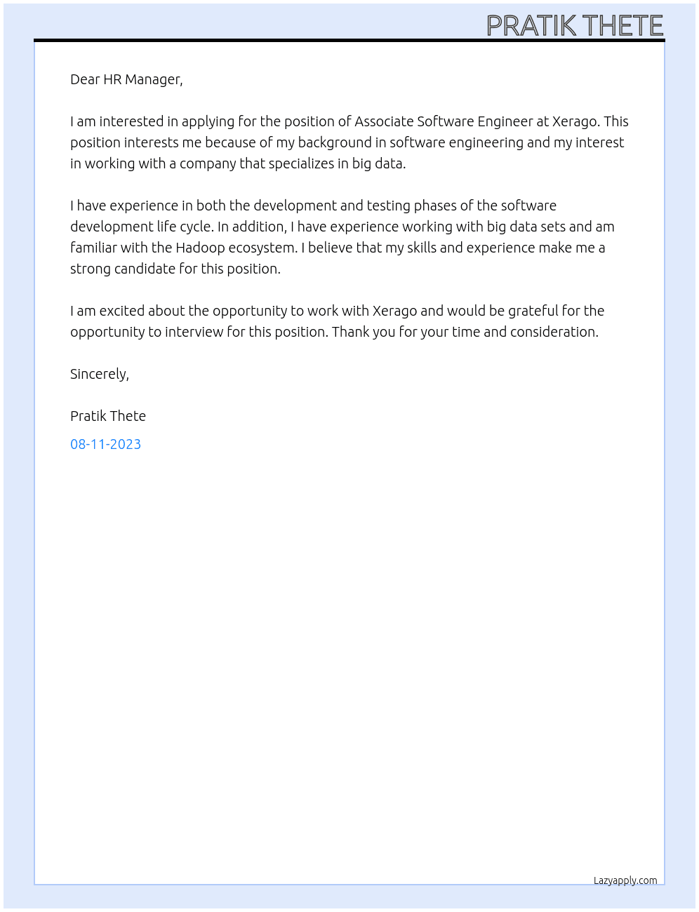 Associate  Software Engineer At Xerago Cover Letter
