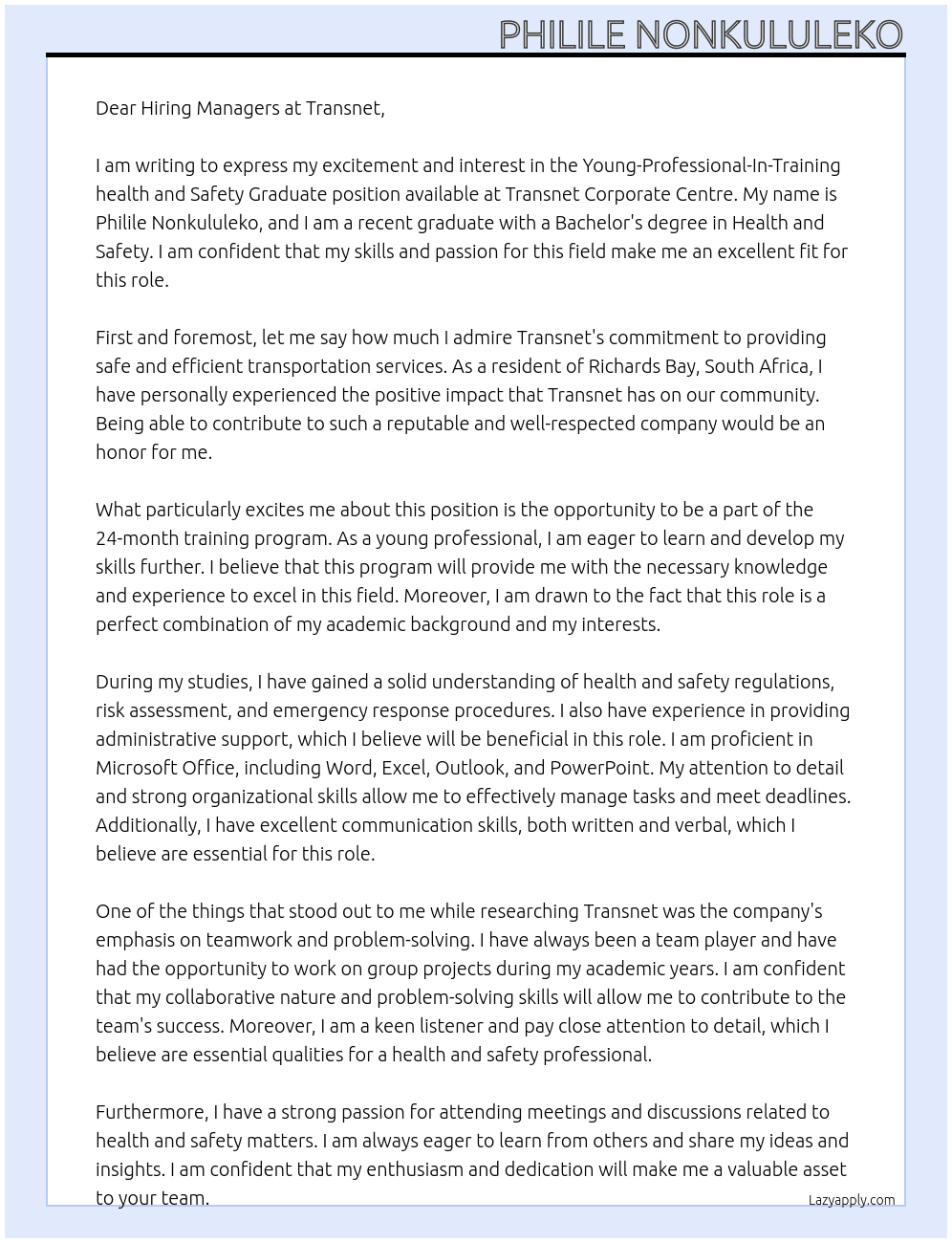  Young-Professional-In-Training health and Safety Graduate  At Transnet Corporate Centre Cover Letter