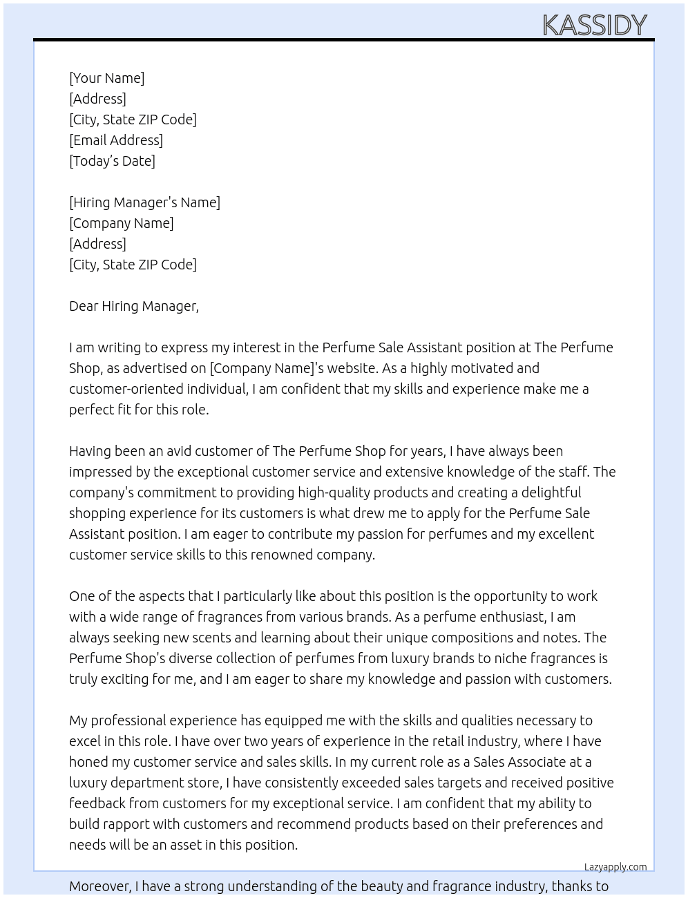 Perfume Sale Assistant  At The Perfume Shop Cover Letter