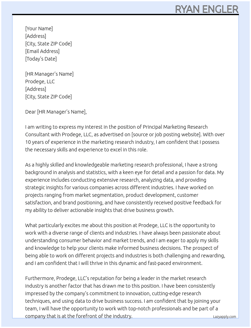 Principal Marketing Research Consultant At Prodege, LLC Cover Letter