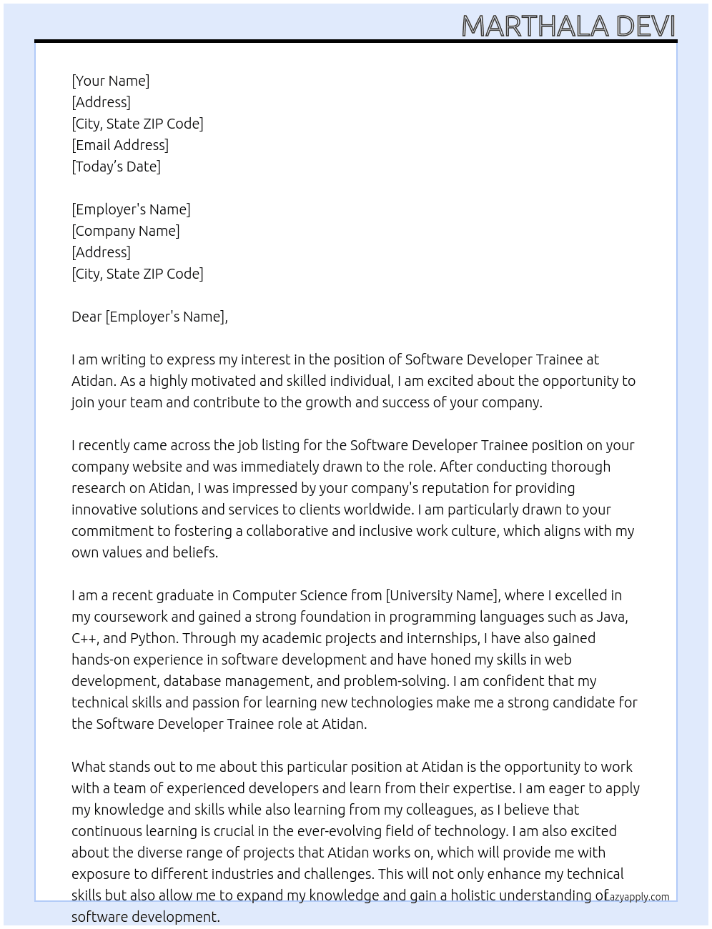 software Developer Trainee At Atidan Cover Letter