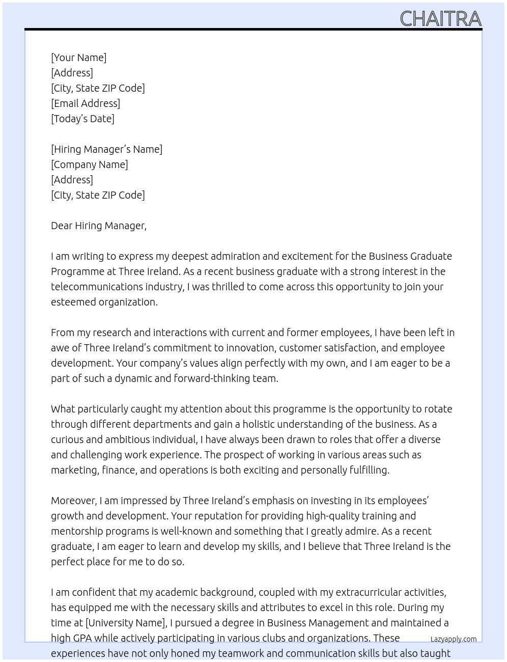 Business Graduate Programme At Three Ireland Cover Letter