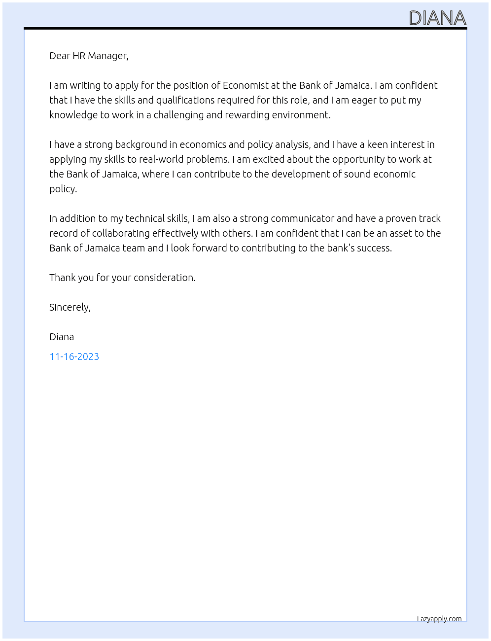 Economist At Bank of Jamaica Cover Letter