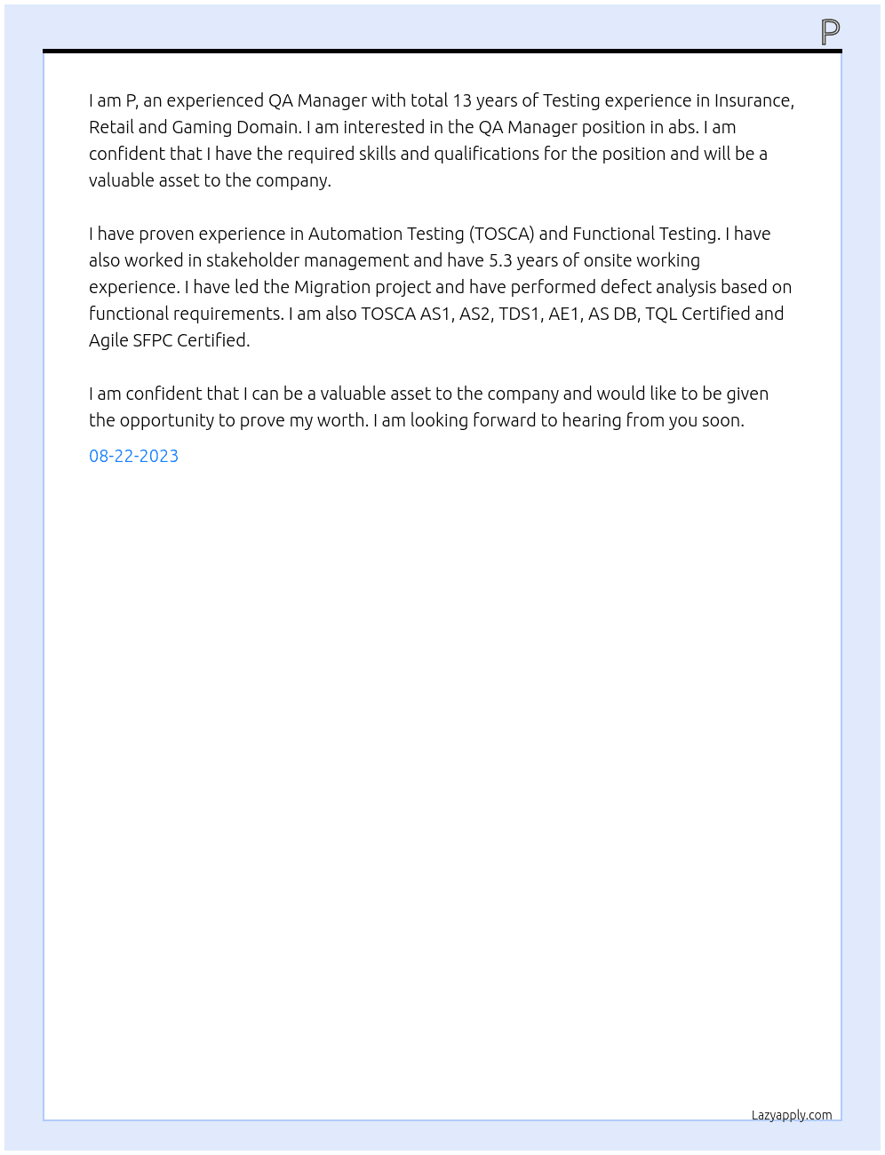 QA Manager At abs Cover Letter