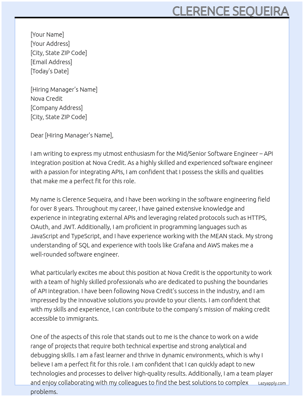 Mid/Senior Software Engineer - API Integration At Nova Credit  Cover Letter