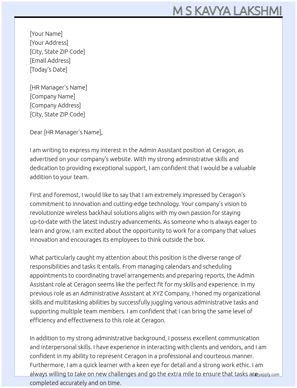 Admin Assistant  At Ceragon Cover Letter