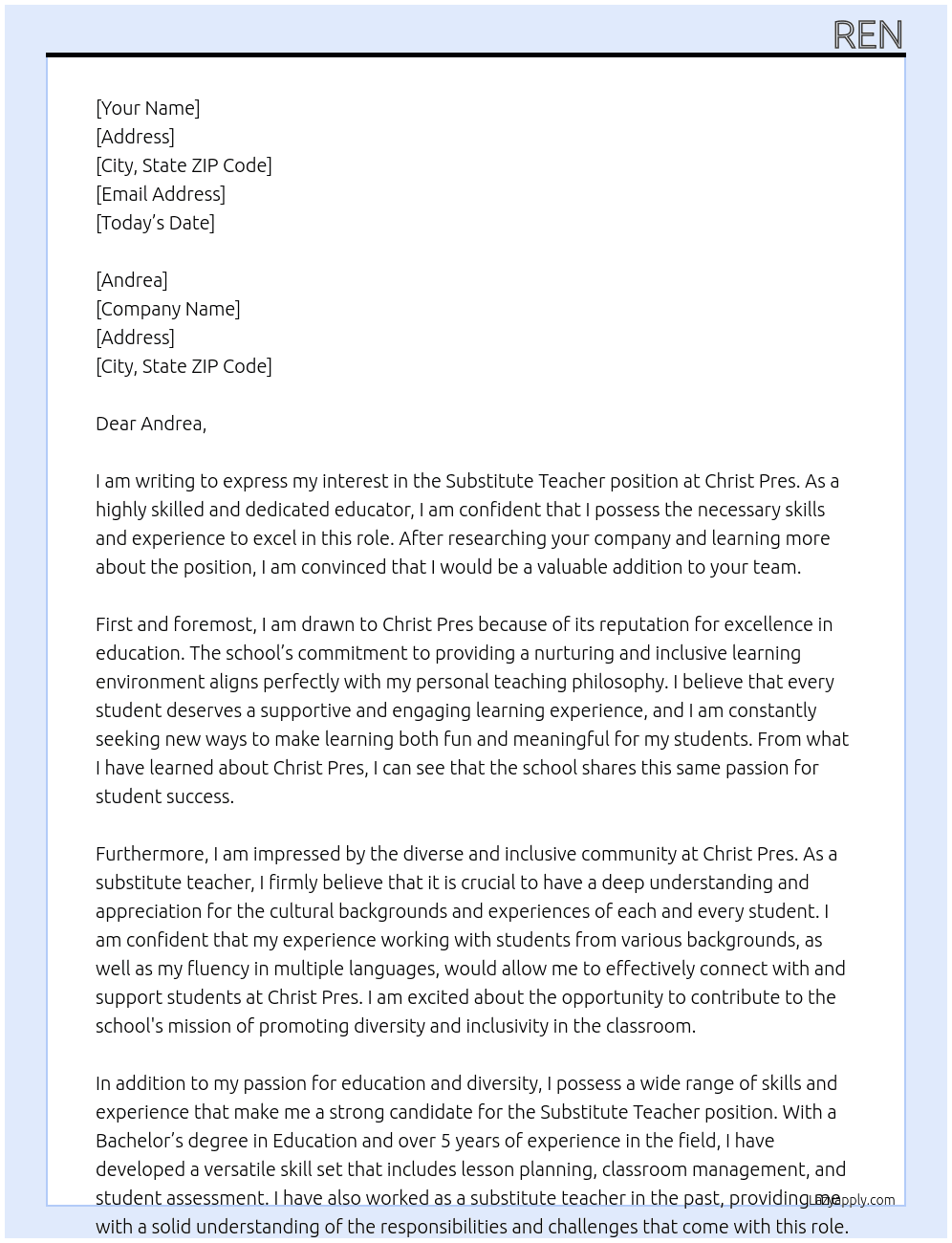Substitute Teacher At christ pres Cover Letter