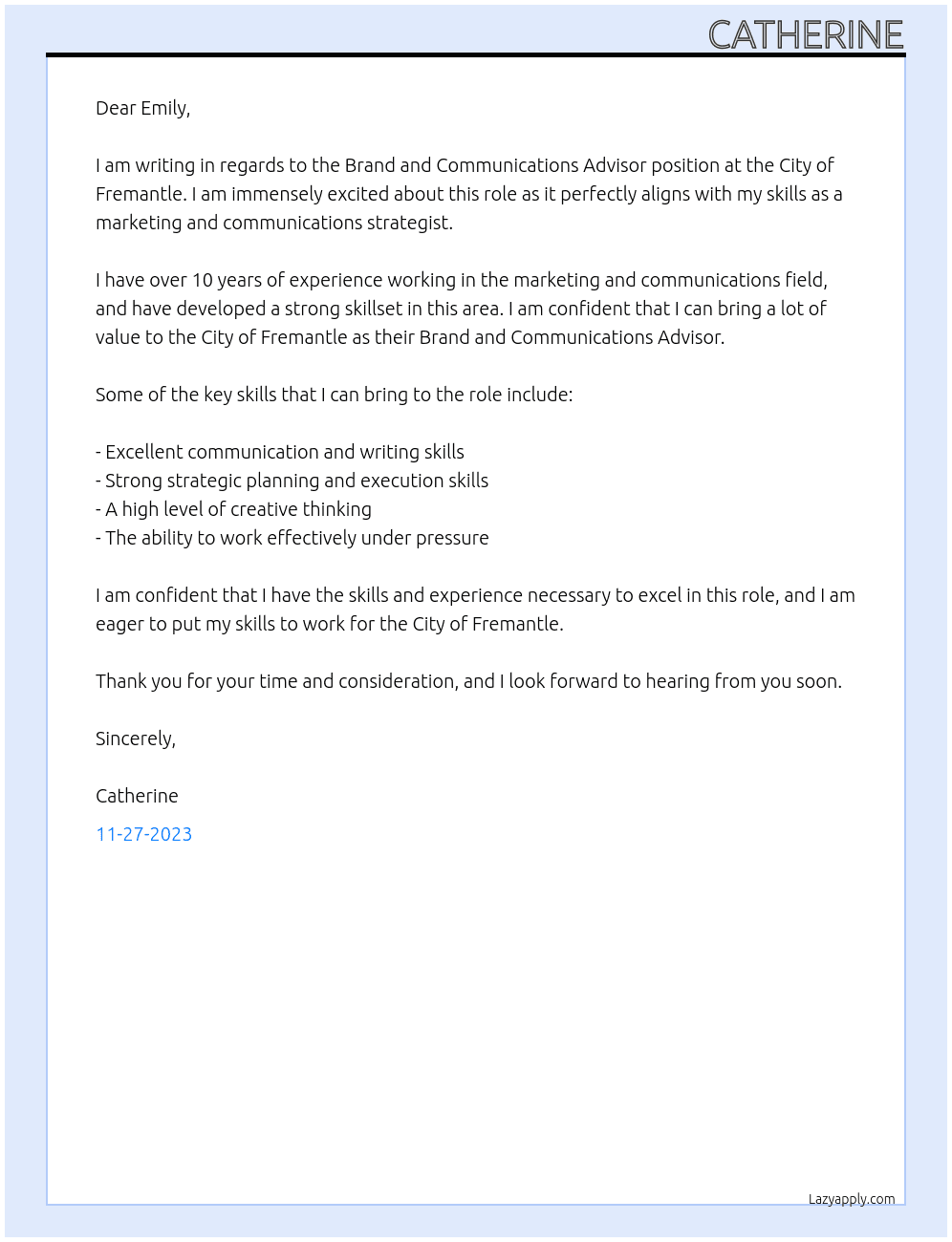 Brand and Communicaitons Advisor At City of Fremantle Cover Letter
