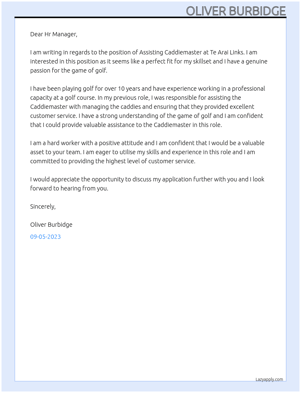 Assisting Caddiemaster At Te Arai Links Cover Letter