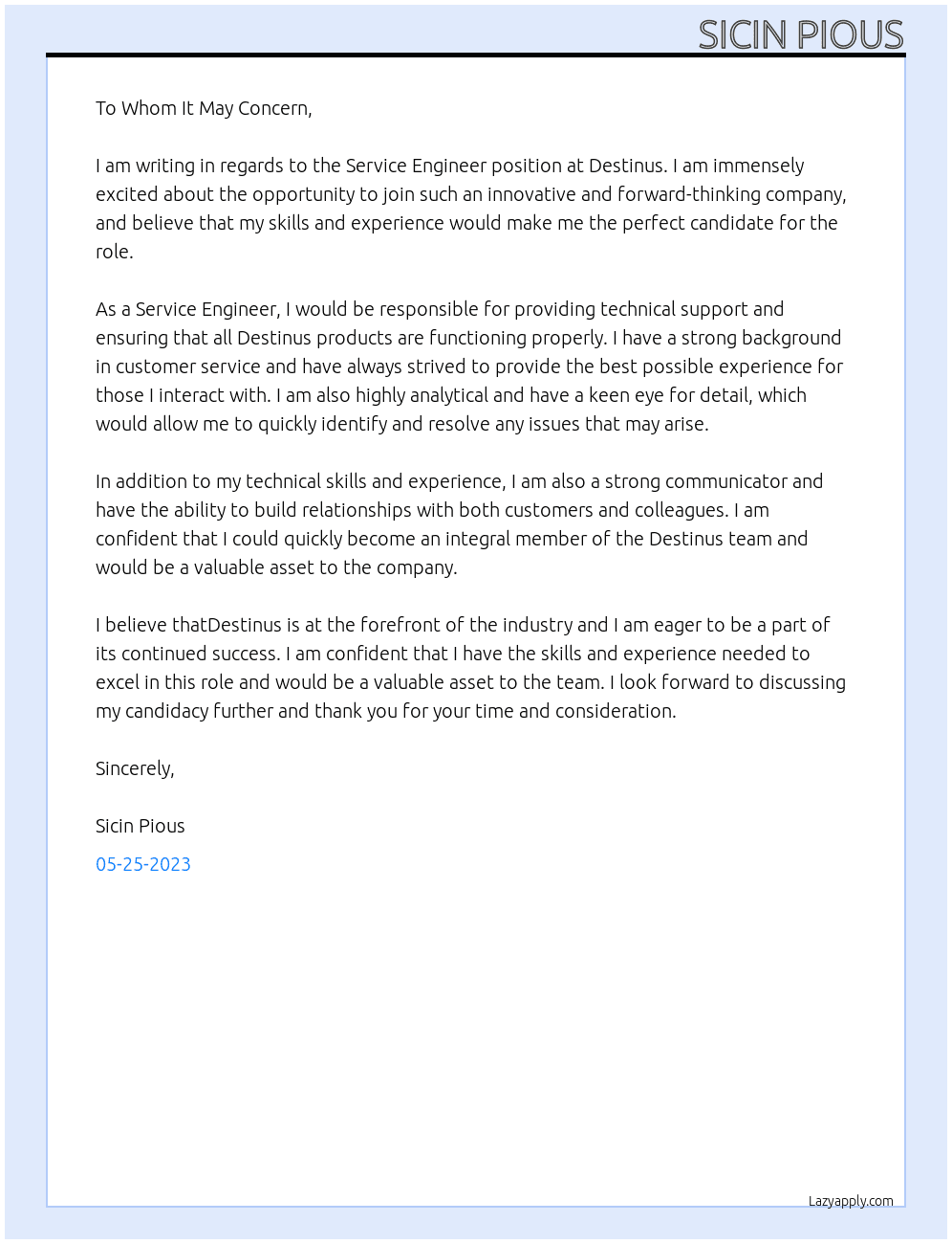 Service Engineer  At Destinus Cover Letter