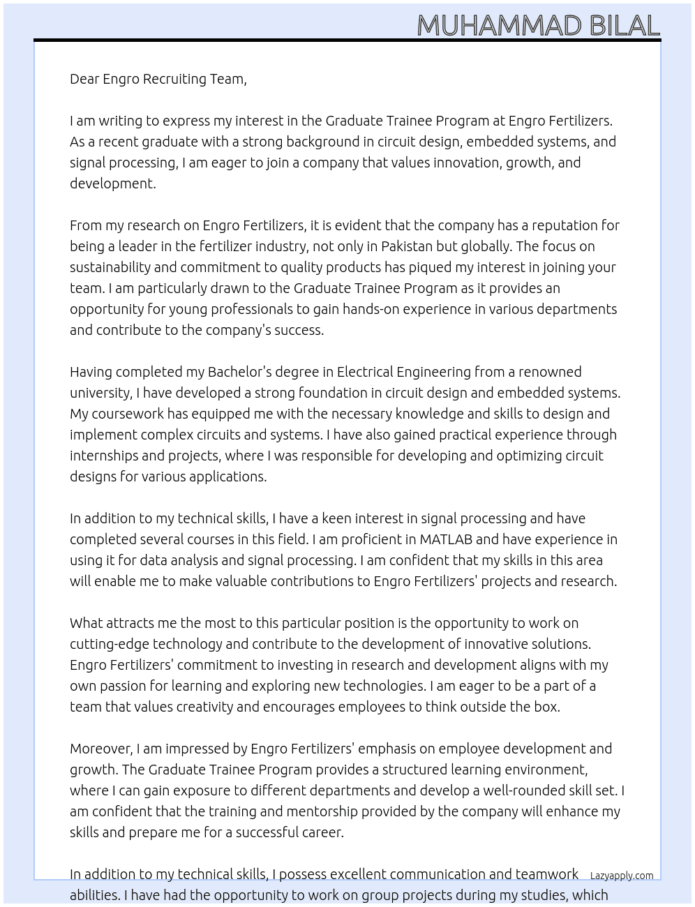Graduate Trainee Program At Engro Fertilizers Cover Letter