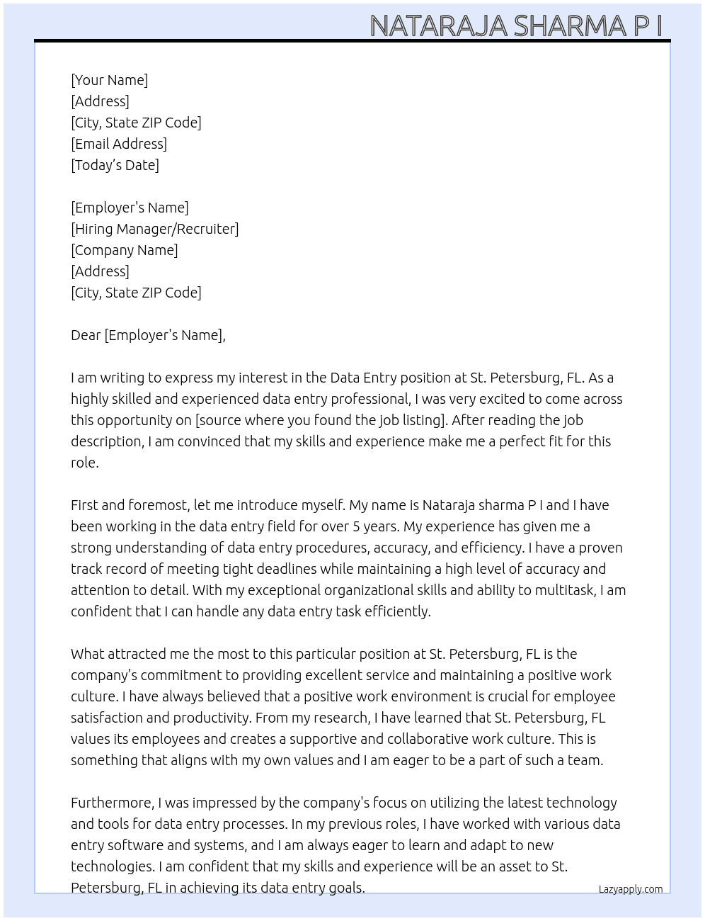 Data entry  At St peter burg,Fl- Cover Letter