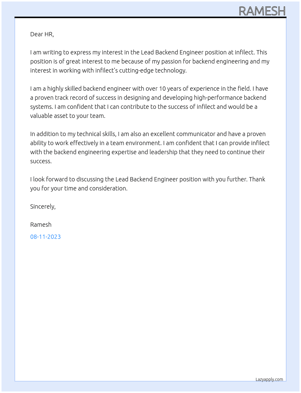 Lead - Backend enginner At infilect Cover Letter