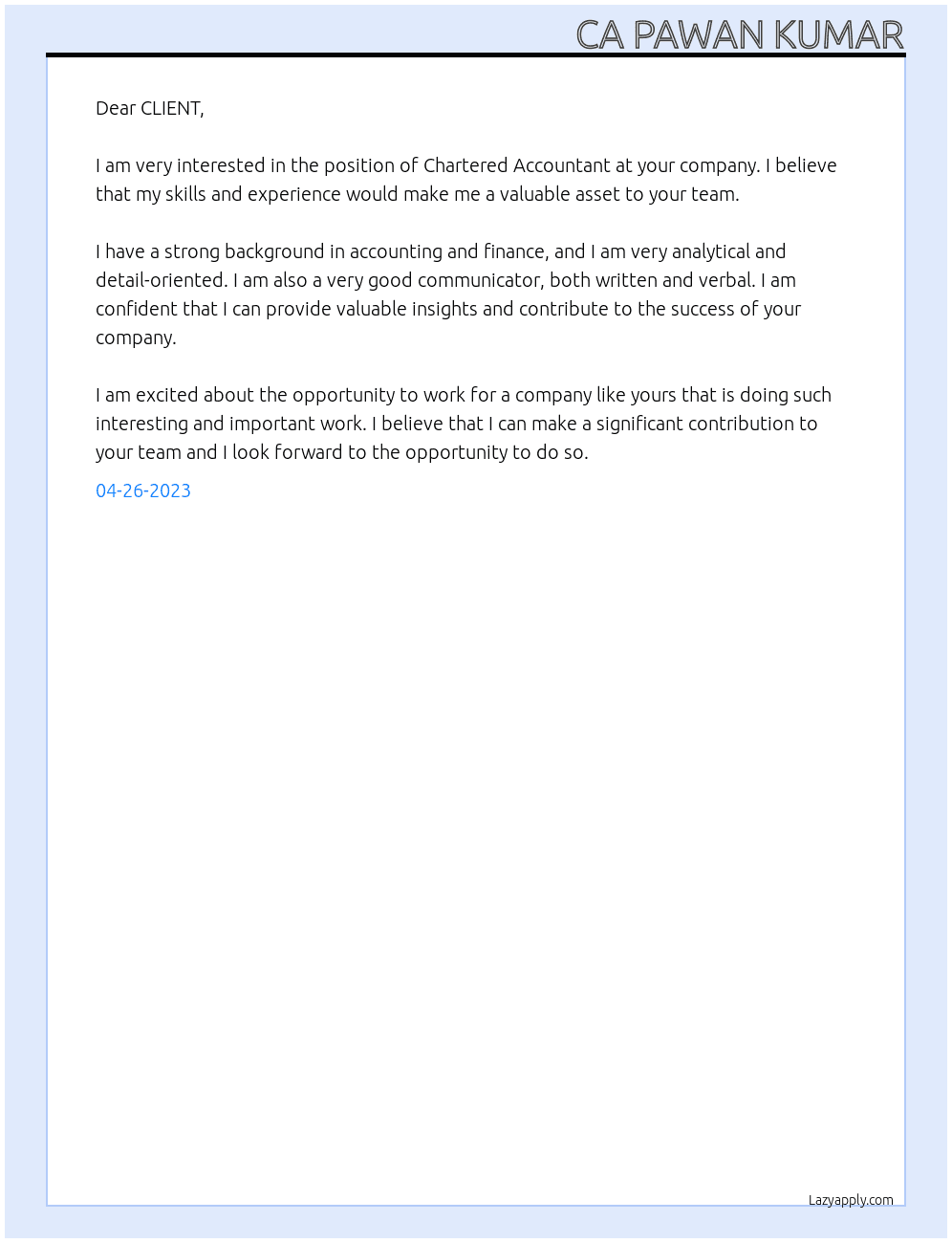  CHARTERED ACCOUNTANT At CLIENT Cover Letter