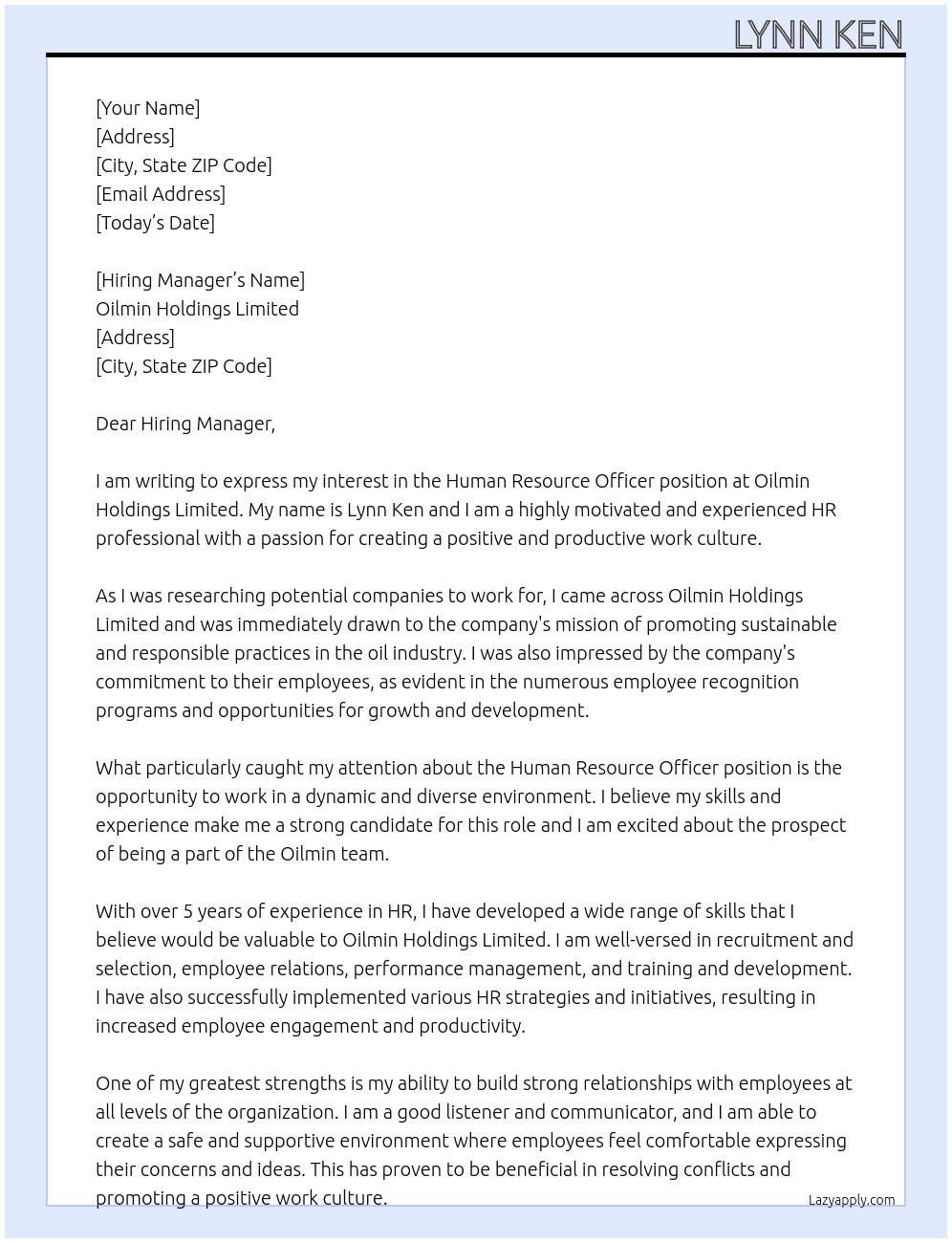 Human Resource Officer At Oilmin Holdings Limited Cover Letter