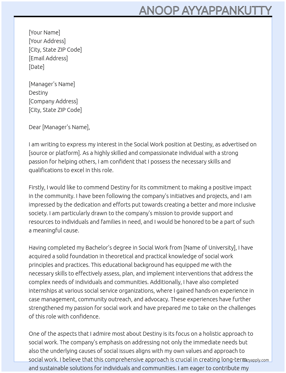 socialwork At Destiny Cover Letter