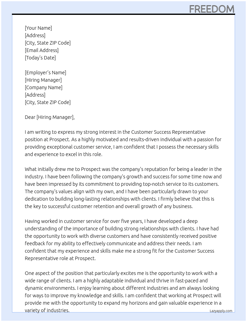 Customer Success Representative  At Prospect Cover Letter