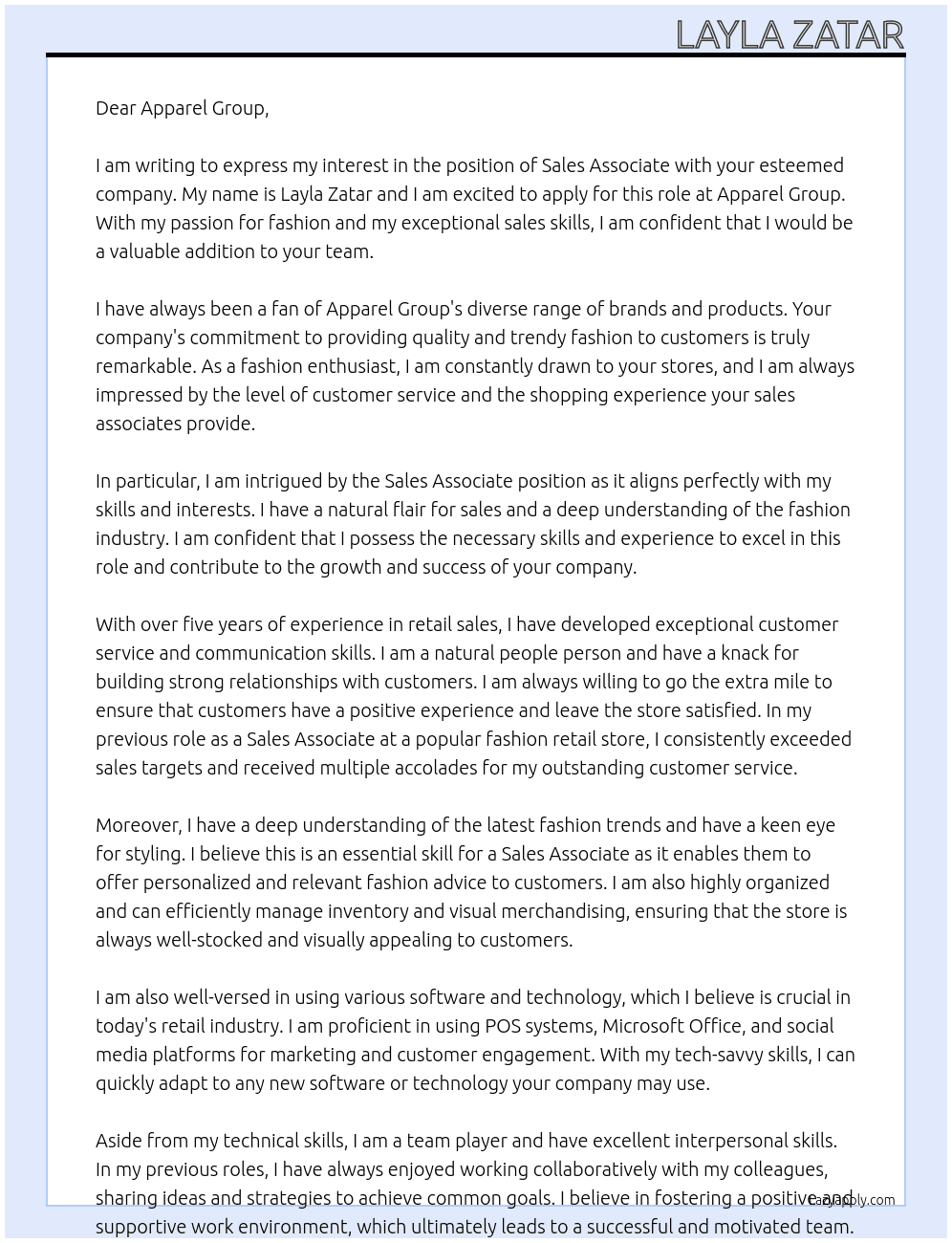 sales associate  At apparel group Cover Letter