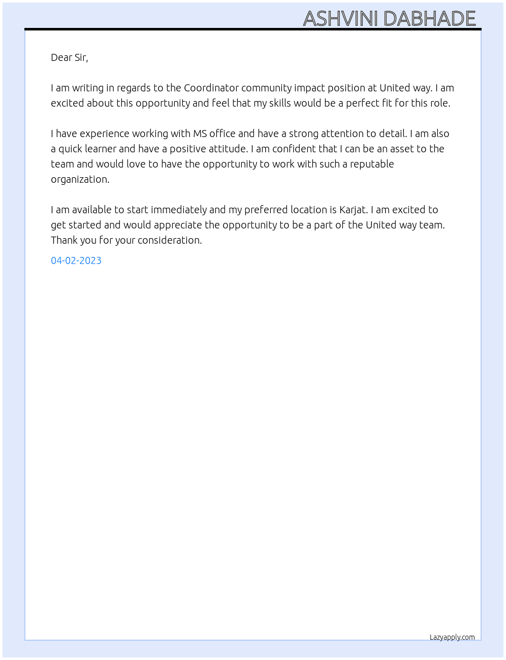 Coordinator community impact At United way Cover Letter