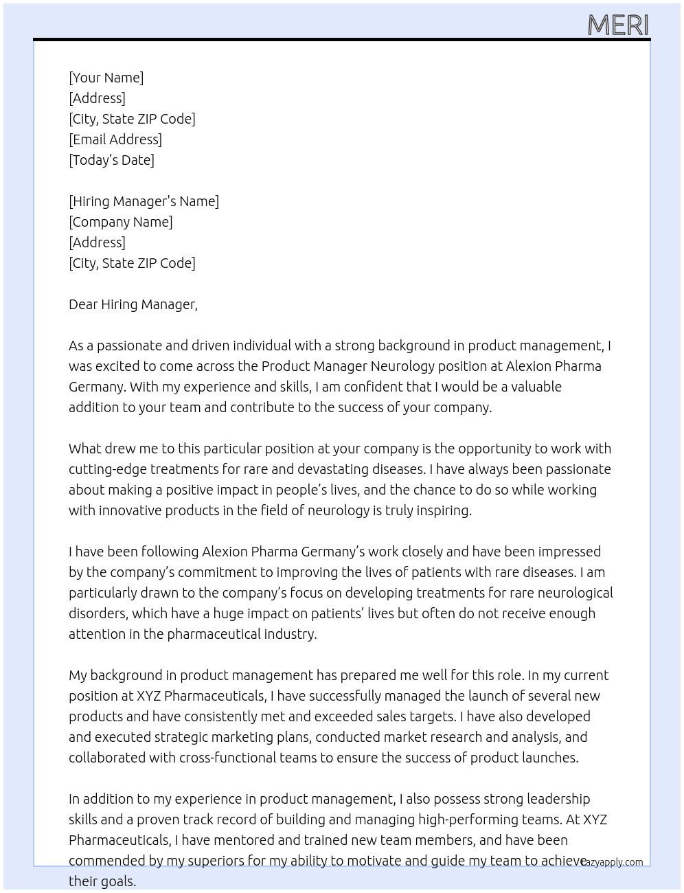 Product Manager Neurology At Alexion Pharma Germany Cover Letter