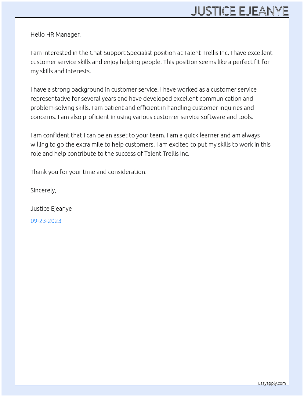 Chat Support Specialist  At Talent Trellis Inc. Cover Letter
