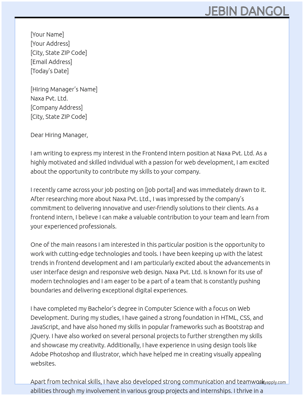 frontend intern At Naxa Pvt. Ltd. Cover Letter