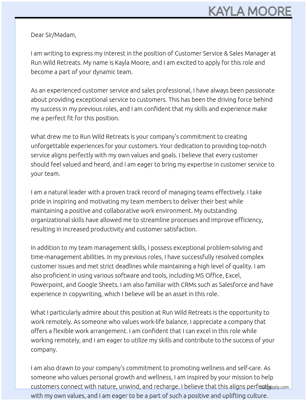 Customer Service & Sales Manager At Run Wild Retreats Cover Letter