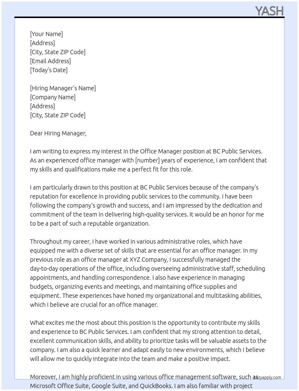 Office manager At BC Public services Cover Letter
