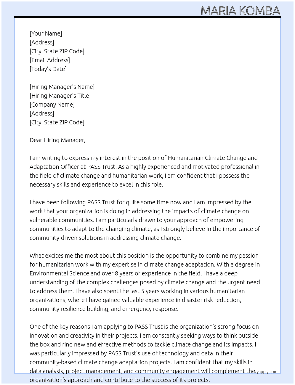 Humanitarian climate change and adaptation officer  At PASS Trust  Cover Letter