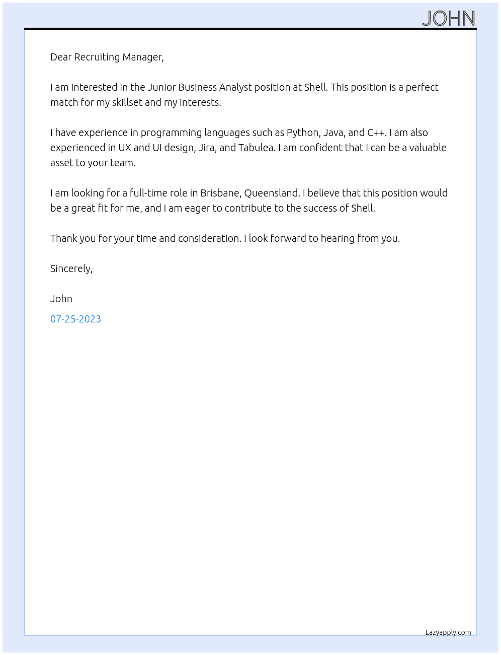junior business analyst At shell Cover Letter
